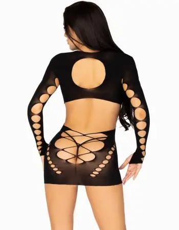 Seamless Cut Out Long Sleeve Mini Dress With Faux Lace Up Detail - One Size - Black