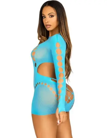 Seamless Cut Out Long Sleeve Mini Dress With Faux Lace Up Detail - One Size - Turquoise