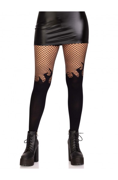 Opaque Flame Tights With Fishnet Top - One Size -  Black