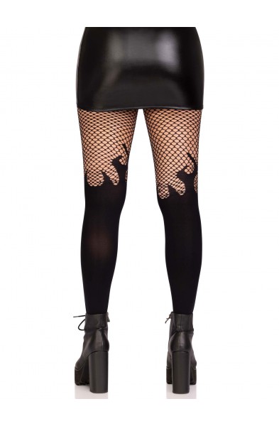 Opaque Flame Tights With Fishnet Top - One Size -  Black