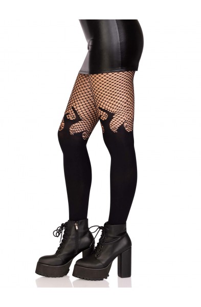 Opaque Flame Tights With Fishnet Top - One Size -  Black