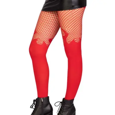 Opaque Flame Tights With Fishnet Top - One Size - Red