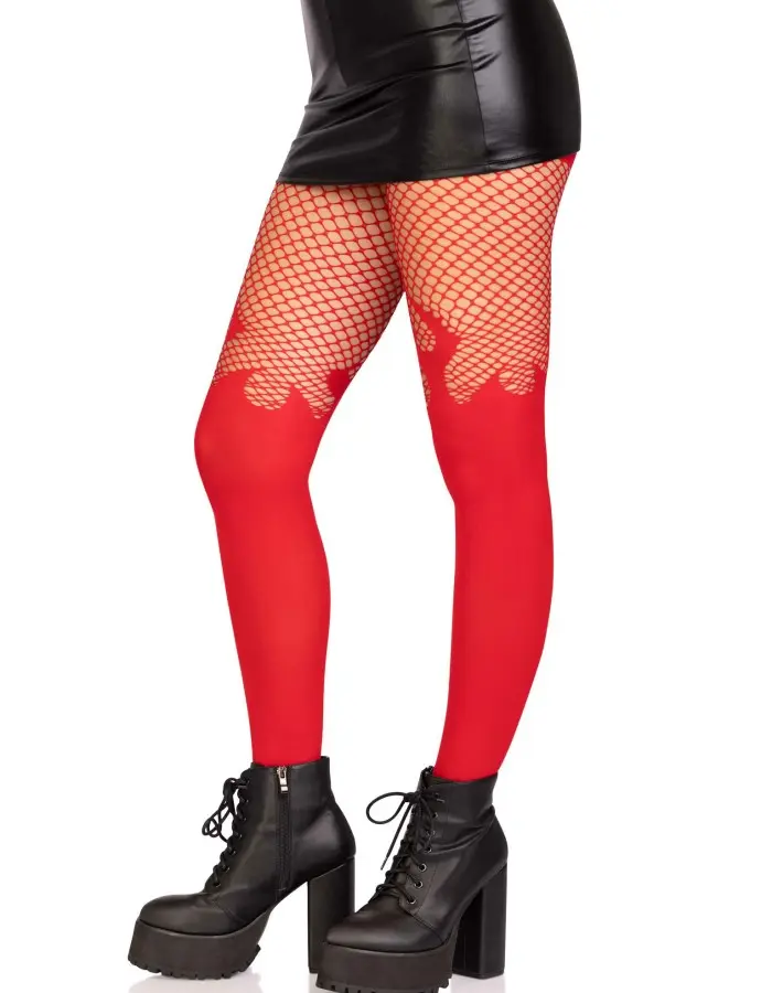 Opaque Flame Tights With Fishnet Top - One Size - Red