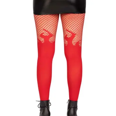 Opaque Flame Tights With Fishnet Top - One Size - Red