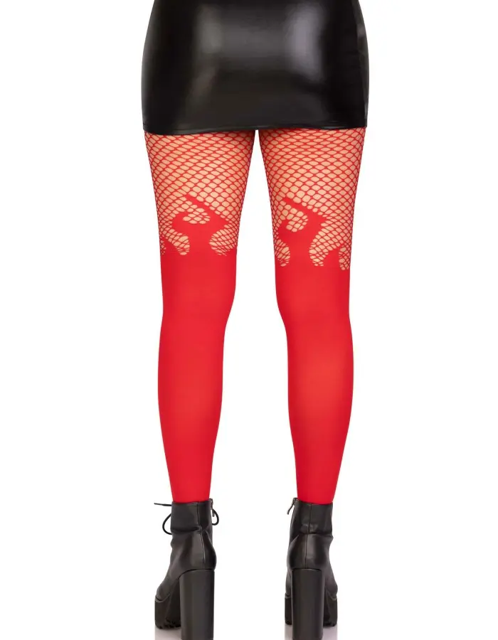 Opaque Flame Tights With Fishnet Top - One Size - Red