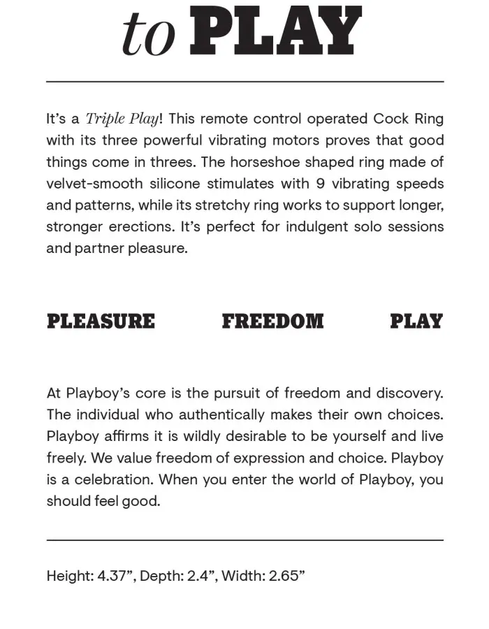 Playboy Pleasure - Triple Play - Cock Ring - Black