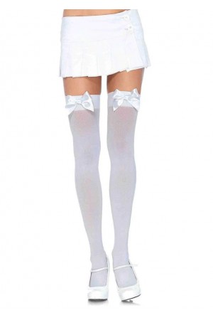 Opaque Thigh Highs With Satin Bow Accent -  One Size - White