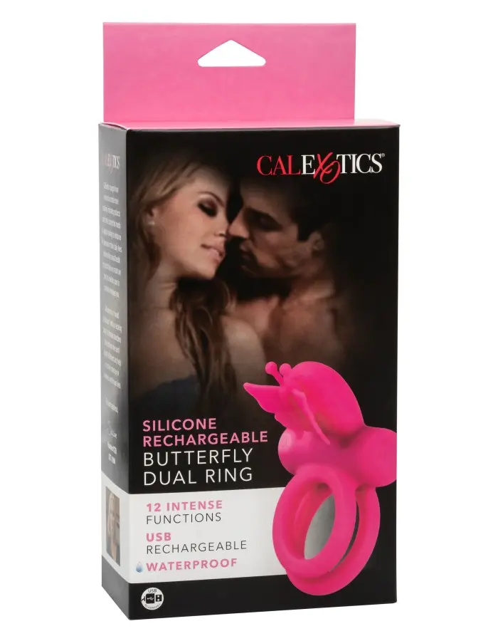 Silicone Rechargeable Dual Butterfly Ring - Pink