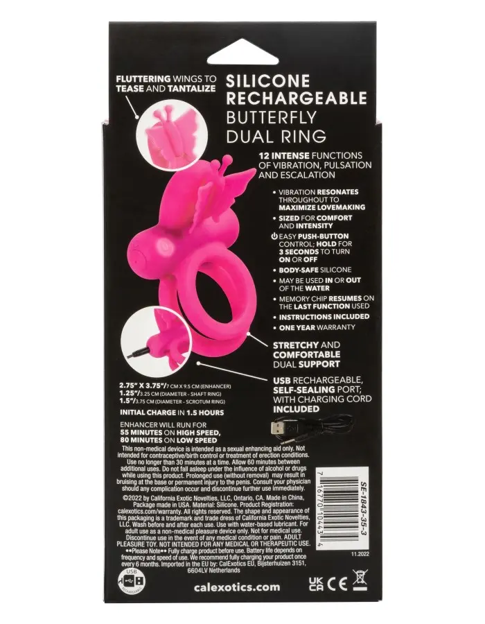 Silicone Rechargeable Dual Butterfly Ring - Pink