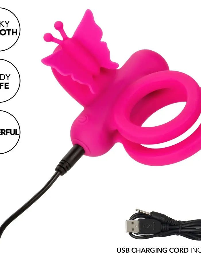 Silicone Rechargeable Dual Butterfly Ring - Pink