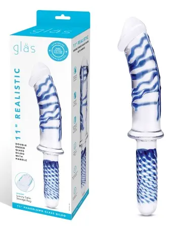 11 Inch Realistic Double Ended Glass Dildo With  Handle - Blue/clear