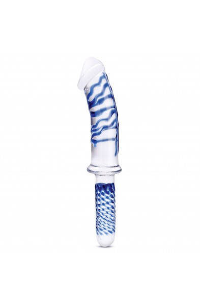 11 Inch Realistic Double Ended Glass Dildo With  Handle - Blue/clear