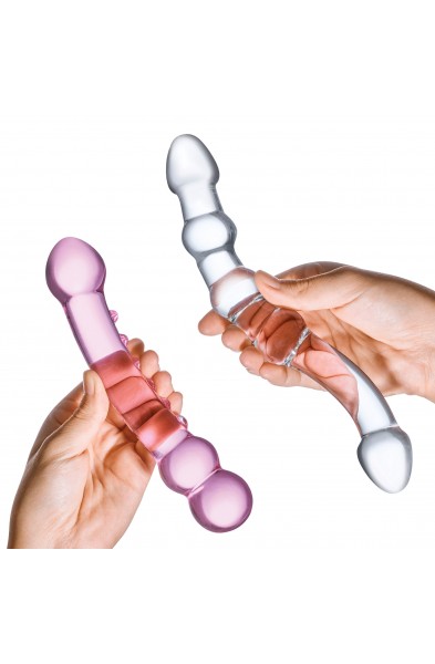 2 Pc Double Pleasure Glass Dildo Set - Pink/clear