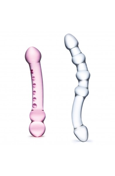 2 Pc Double Pleasure Glass Dildo Set - Pink/clear