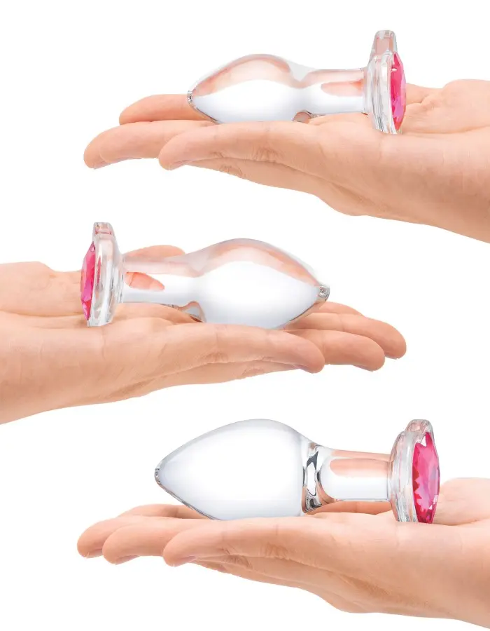 3 Pc Heart Jewel Glass Anal Training Kit -  Clear/pink
