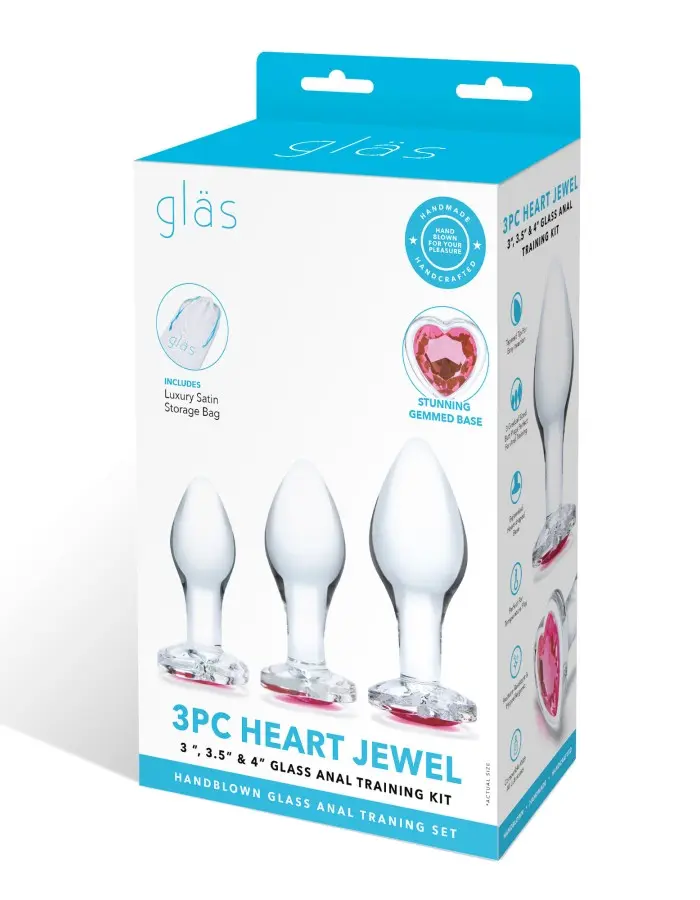 3 Pc Heart Jewel Glass Anal Training Kit -  Clear/pink