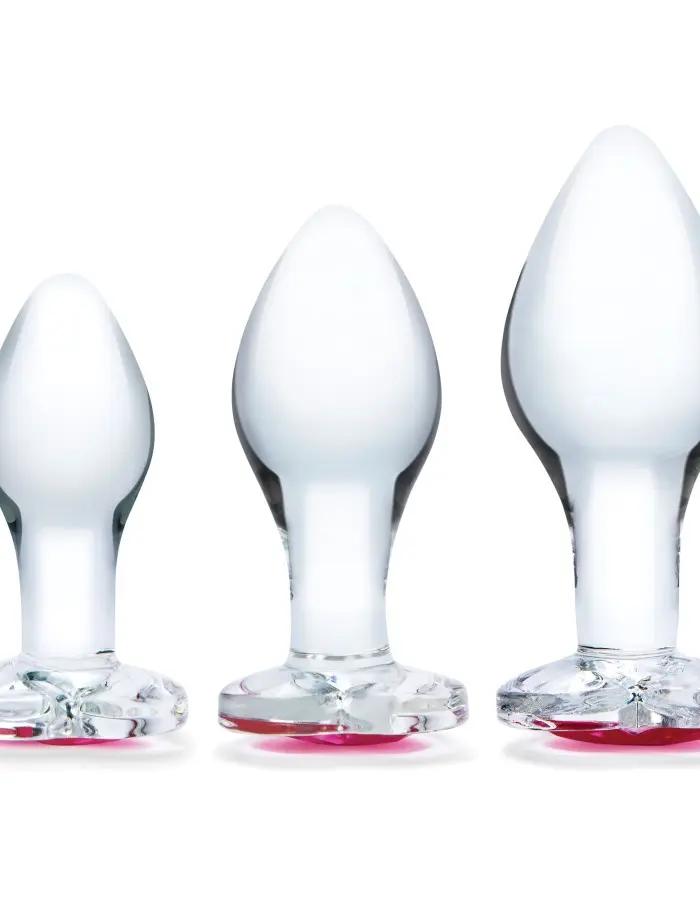 3 Pc Heart Jewel Glass Anal Training Kit -  Clear/pink
