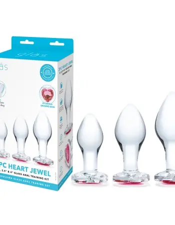 3 Pc Heart Jewel Glass Anal Training Kit -  Clear/pink