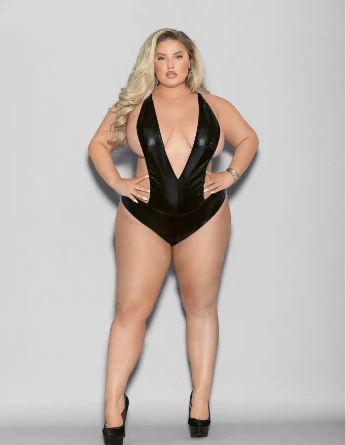 Liquid Look Chain Back Open Crotch Teddy - Queen Size - Black