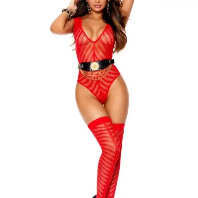Chevron Striped Teddy and Matching Stockings - One Size - Red