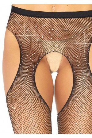 Casey Rhinestone Fishnet Suspender Pantyhose - One Size - Black