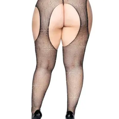 Casey Rhinestone Fishnet Suspender Pantyhose - Queen - Black