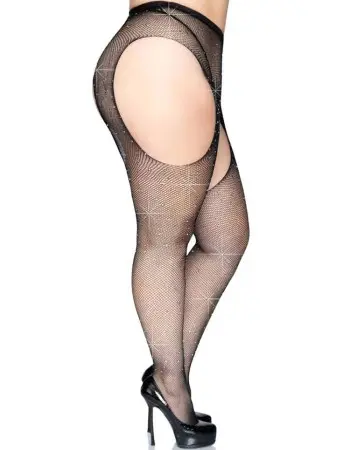Casey Rhinestone Fishnet Suspender Pantyhose - Queen - Black