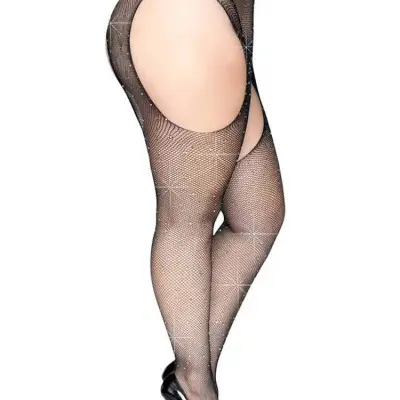 Casey Rhinestone Fishnet Suspender Pantyhose - Queen - Black