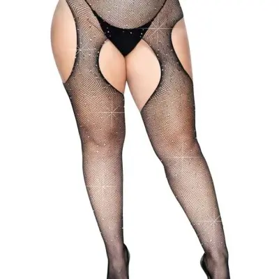 Casey Rhinestone Fishnet Suspender Pantyhose - Queen - Black