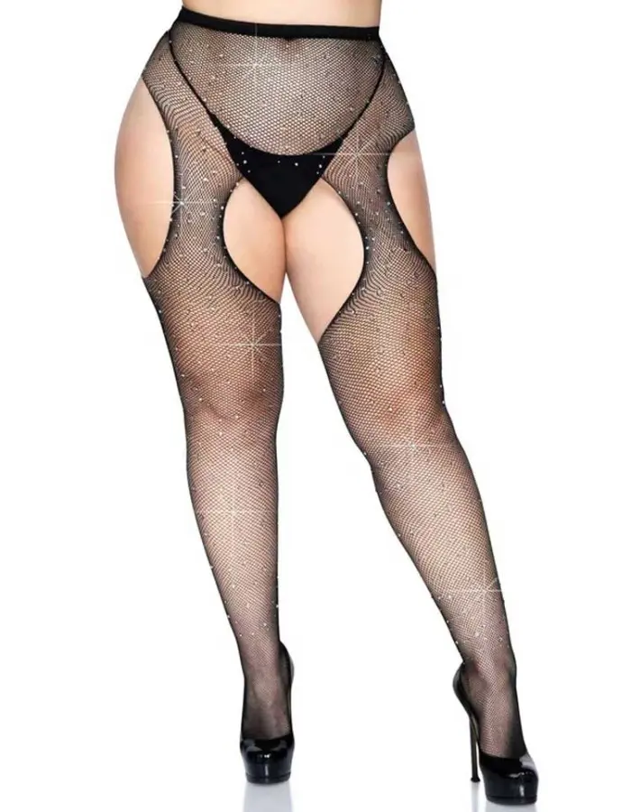 Casey Rhinestone Fishnet Suspender Pantyhose - Queen - Black