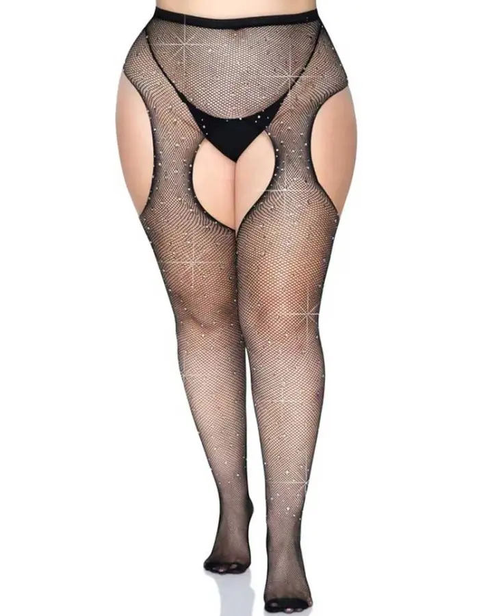 Casey Rhinestone Fishnet Suspender Pantyhose - Queen - Black