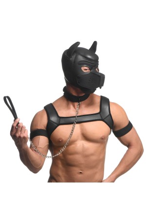 Full Pup Arsenal Set Neoprene Puppy Hood, Chest  Harness, Collar With Leash and Arm Band - Black