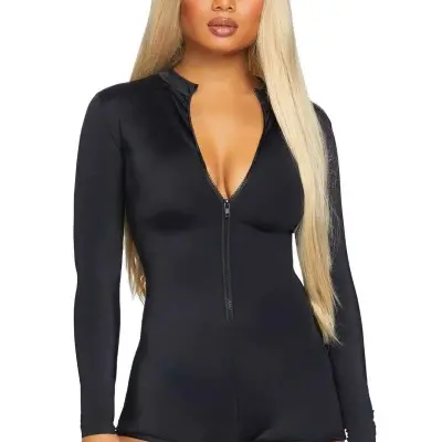 Zipper Front Long Sleeved Matte Romper - Large -  Black