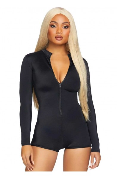 Zipper Front Long Sleeved Matte Romper - Medium - Black