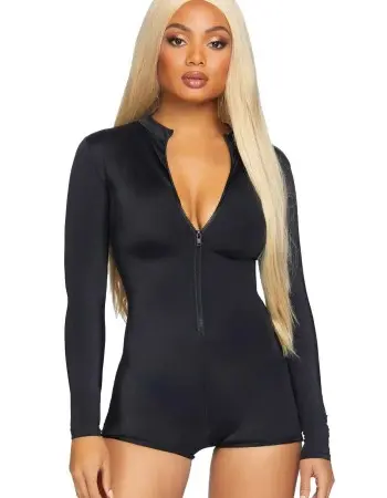 Zipper Front Long Sleeved Matte Romper - Small -  Black