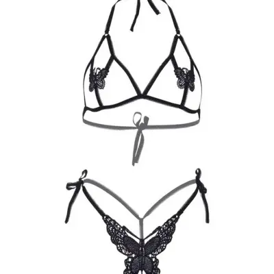 Butterfly Bra and Panty Set - One Size - Black