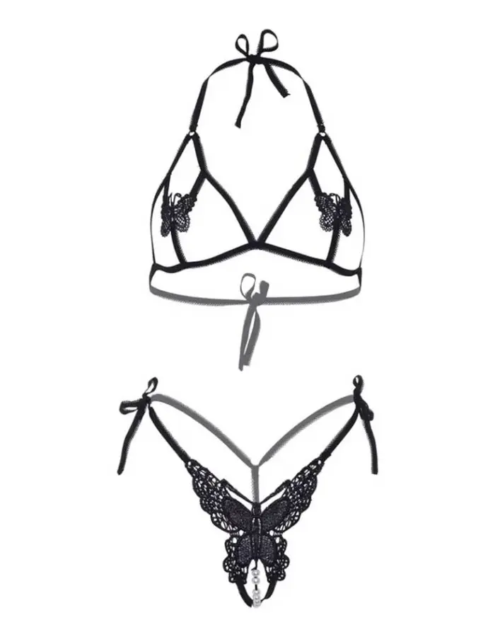 Butterfly Bra and Panty Set - One Size - Black
