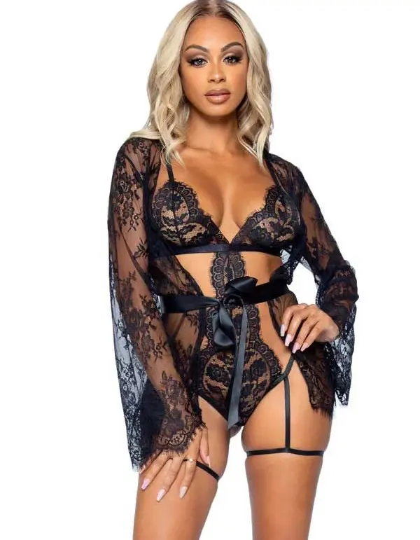 All Romance Lace Teddy and Robe Set - Medium -  Black