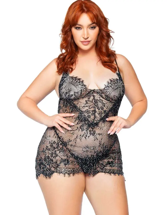 2 Pc Rhinestone Lace Dress and G-String - 1x/2x -  Black