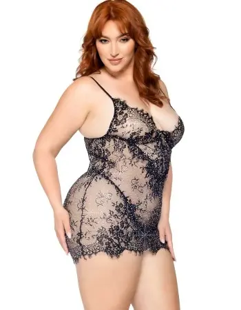 2 Pc Rhinestone Lace Dress and G-String - 1x/2x -  Black