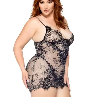 2 Pc Rhinestone Lace Dress and G-String - 1x/2x -  Black