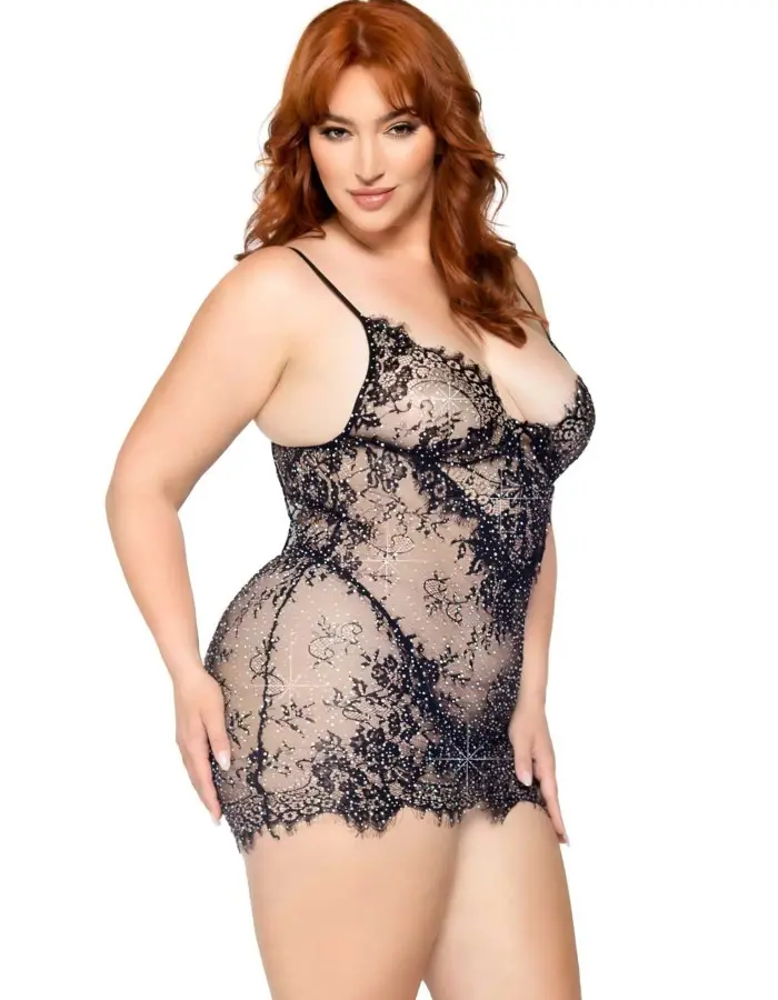2 Pc Rhinestone Lace Dress and G-String - 1x/2x -  Black