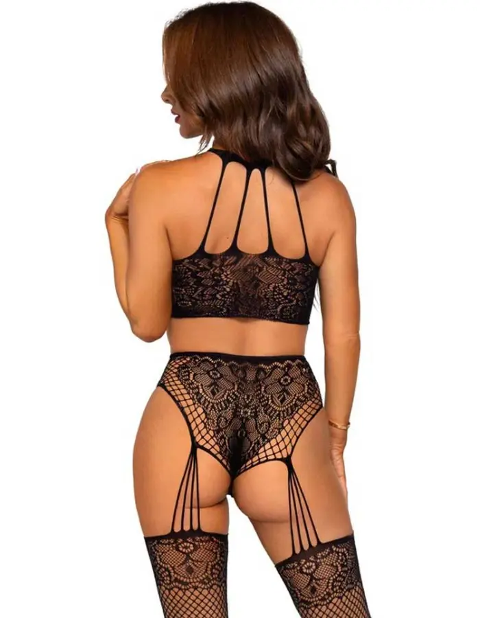 Stay Awhile Crop Top and Crotchless Panty Set -  One Size - Black