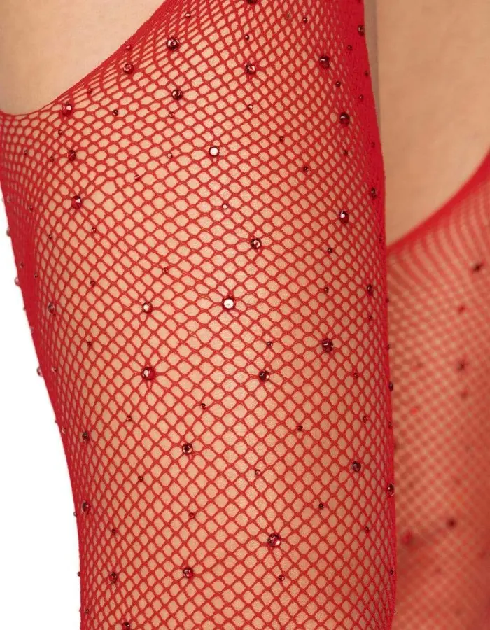 Casey Rhinestone Fishnet Suspender Pantyhose - One Size - Red
