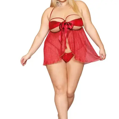 Bow Babydoll and Thong - Queen Size - Ruby