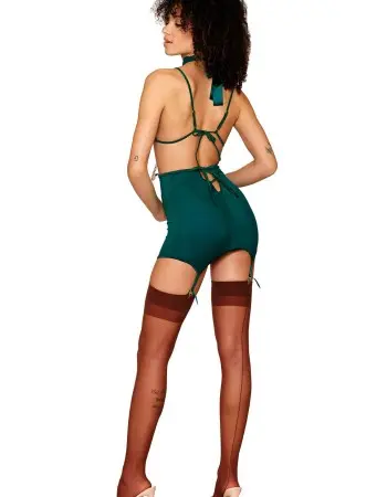 Garter Skirt With Bra & G-String and Collar - One Size - Peacock