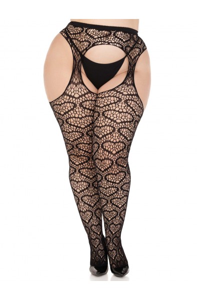 Heart Net Suspender Pantyhose - 1x/2x - Black