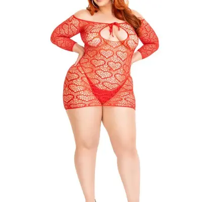 Seamless Heart Net Mini Dress - 1x/2x - Red