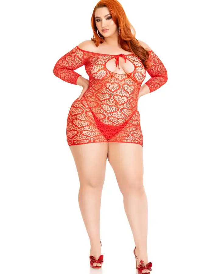 Seamless Heart Net Mini Dress - 1x/2x - Red