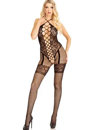 Heart Net Halter Bodystocking - One Size - Black